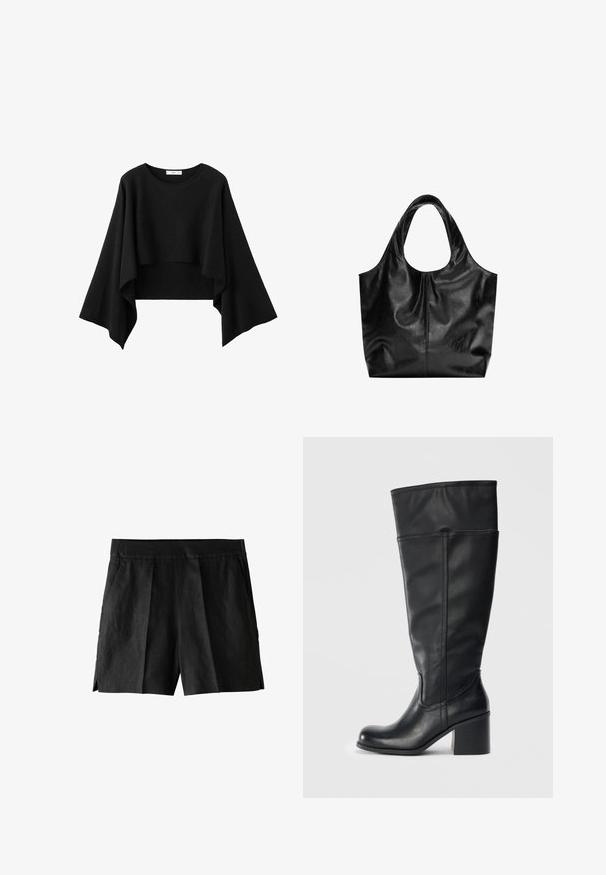 Zwart cropped top met wijde, vloeiende lange mouwen en een ronde halslijn, gemaakt van zachte stof.; Zwarte linnen shorts met een geplooide voorkant, zijzakken en een ontspannen pasvorm. De stof heeft een gladde textuur en een casual ontwerp.; Knielange zwarte leren laarzen met een blokhak, een gladde textuur en stikseldetails langs de zijkanten. Eenvoudig en modern ontwerp.; Zwarte leren tote bag met een gladde textuur, een zachte ronde bovenkant en brede handvatten. Kenmerkt zich door minimale stiksels en een slungelige silhouet.