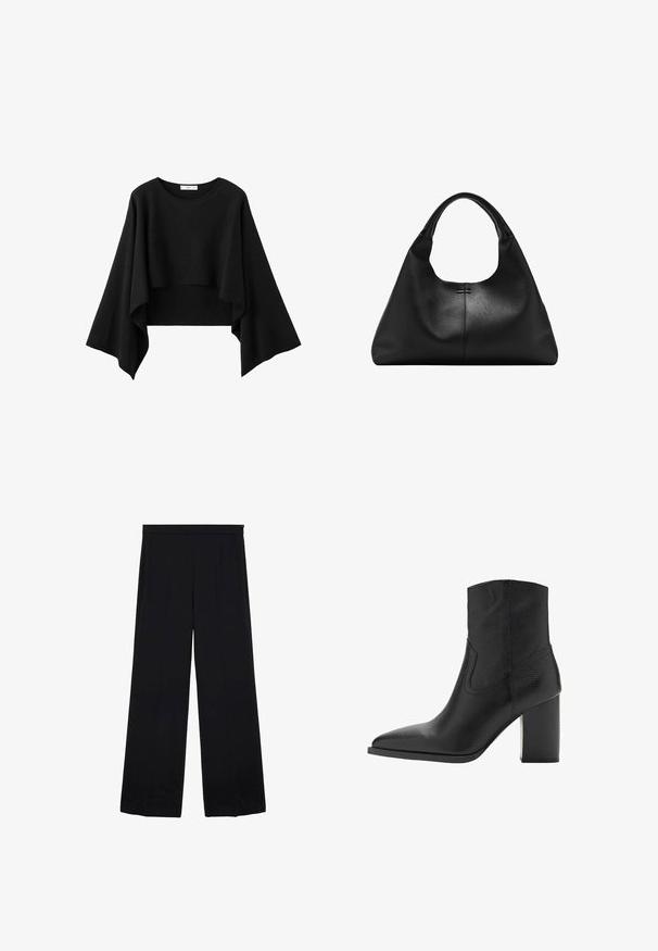 Zwart cropped top met wijde, vloeiende lange mouwen en een ronde halslijn, gemaakt van zachte stof.; Zwarte wijde broek met een gladde stof, hoge taille en geplooide voorkant, met een schoon, minimalistisch ontwerp zonder patronen of hardware.; Zwarte leren enkelboot met een spitse neus en gestructureerde blokhak, voorzien van een gladde textuur en minimale stikdetails.; Zwarte handtas van getextureerd leer met brede basis en dikke afgeronde handgrepen, met een centrale verticale naad en subtiele stikdetails.