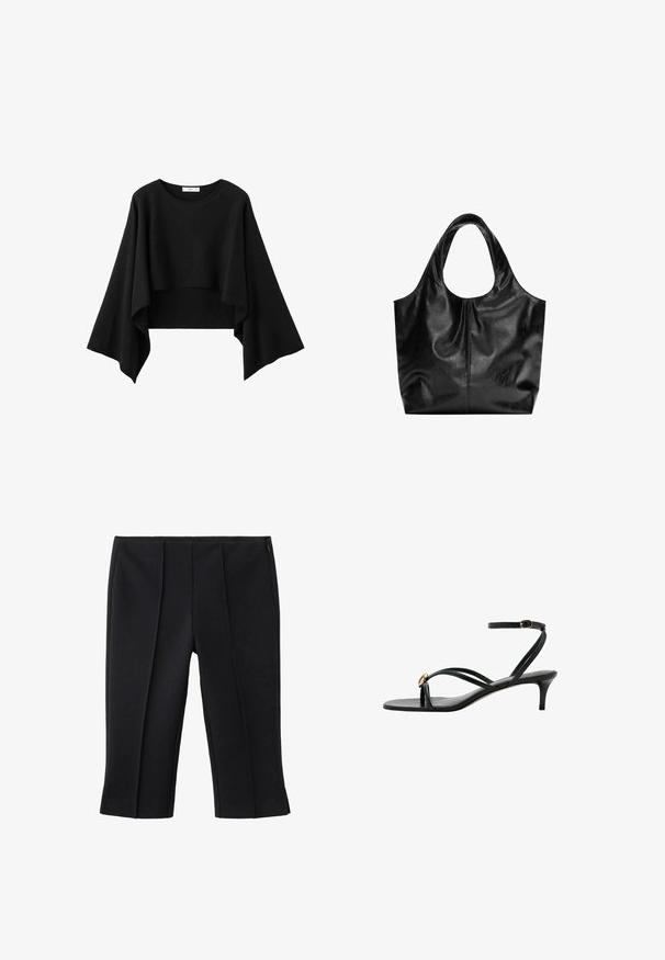 Haut noir court avec de larges manches longues fluides et un col rond, en tissu doux.; Pantalon noir court avec deux plis avant, texture lisse et fermeture éclair latérale. Design sur mesure, sans motifs visibles.; Sandale noire à brides avec petit talon kitten, bride à boucle à la cheville et petit détail décoratif doré sur la bride avant.; Sac fourre-tout en cuir noir avec une texture lisse, un haut arrondi doux et de larges poignées. Présente une couture minimale et une silhouette décontractée.