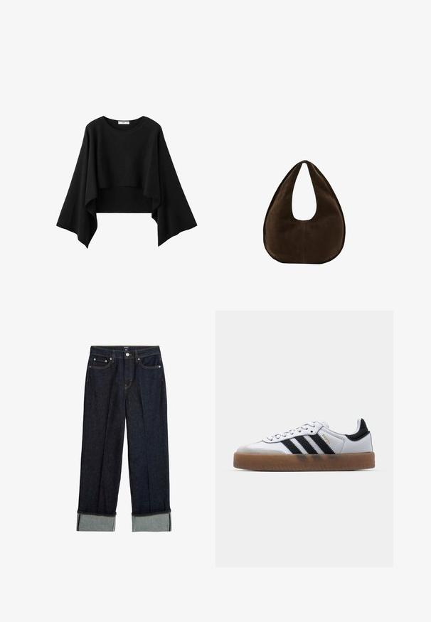 Sort kort top med brede, flydende lange ærmer og rund halsudskæring, lavet af blødt stof.; Mørkeblå bredbenede jeans med opsmøg, der har orange syninger og klassisk fem-lommers design. Lavet af denimstof.; Hvide lædersneakers med sorte striber, gummirubber sål, rund tå, snørelukning og blød grå ruskinds tåhætte.; Mørkebrun ruskind skuldertaske formet som en halvmåne med en bred rem og glat tekstur på en hvid baggrund.