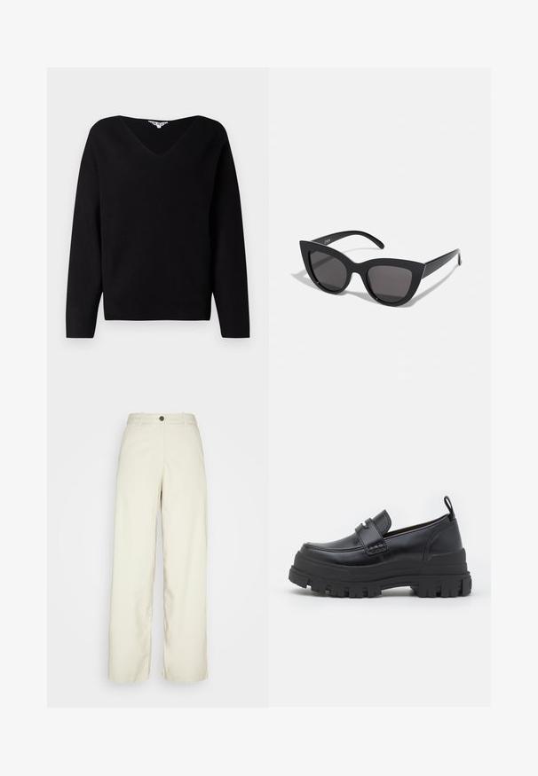 Sort sweater med V-udskæring, lange ærmer og løs pasform. Lavet af blødt, tekstureret stof, har en let strækbarhed og minimal syning.; Weekday ELIO - Bukser - beige dusty light; Sort læderloafer med tyk rillede sål, mok tå syning, remdetalje over toppen og trækstrop på hælen, vist i sideprofil.; Sorte cat-eye solbriller med mat finish, der har grå tonede linser, skarpe vinkler og slanke sidearme. Mærkenavnet er synligt på den indre arm.