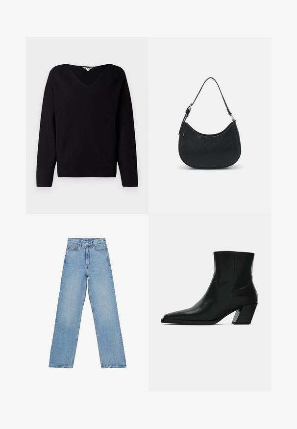 Pull noir avec un col en V, des manches longues et une coupe ample. Fabriqué en tissu doux et texturé, il présente un léger extensibilité et des coutures minimales.; Jean en denim bleu clair avec une taille haute, coupe droite, comprenant cinq poches et une fermeture à boutons. Aucun motif visible.; Bottine en cuir noir avec un bout pointu, une silhouette élégante et un talon carré massif. Texture lisse avec des détails de couture minimalistes.; Sac hobo noir en cuir lisse avec une silhouette arrondie, doté d'une seule sangle ajustable et de détails de design minimalistes.