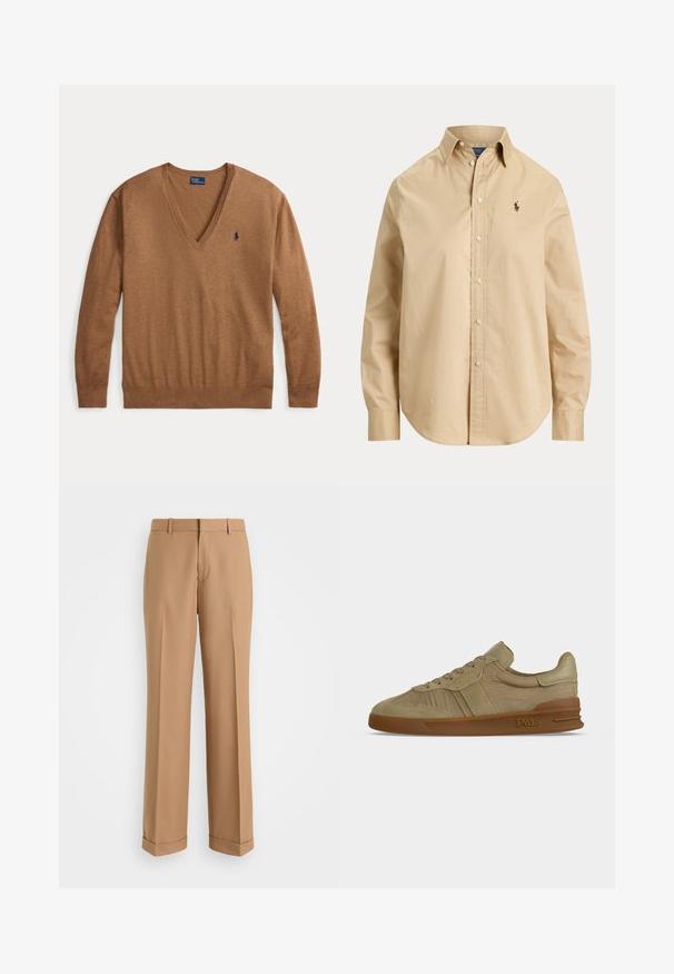 Hnedý dlhý rukáv s výstrihom do V a malým tmavomodrým logom Polo Ralph Lauren na ľavej strane hrudníka, položený na bielom pozadí.; Béžová košeľa s dlhým rukávom, zapínaná na gombíky, s golierom, vyšívaným malým logom na ľavej strane hrudníka a zaobleným lemom na jednofarebnom pozadí.; Béžové nohavice na mieru so strihom rovného nohavic, vyrobené z mäkkej látky, s predným záhybom a zahnutými koncami.; Béžový nízky tenisový top Polo s šnurovaním vpredu, textúrovaným koženým zvrškom a hnedou gumovou podrážkou s logom Polo na boku.