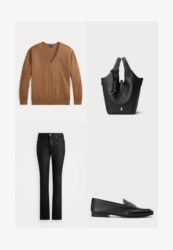 Brun langærmet V-hals sweater med et lille mørkeblåt Polo Ralph Lauren-logo på venstre brystside, lagt fladt på en hvid baggrund.; Sorte denim jeans med en slim fit, fem-lomme design og subtil glans. Har en knaplukning og bælteløkker.; Sorte læder loafers med struktureret finish, der har en dekorativ rem og flad hæl. Slank, minimalistisk design med rund tå.; Sort læder bucket taske med struktureret overflade, der har korte håndtag, en aftagelig rem og en sølvfarvet logo accent ved bunden.
