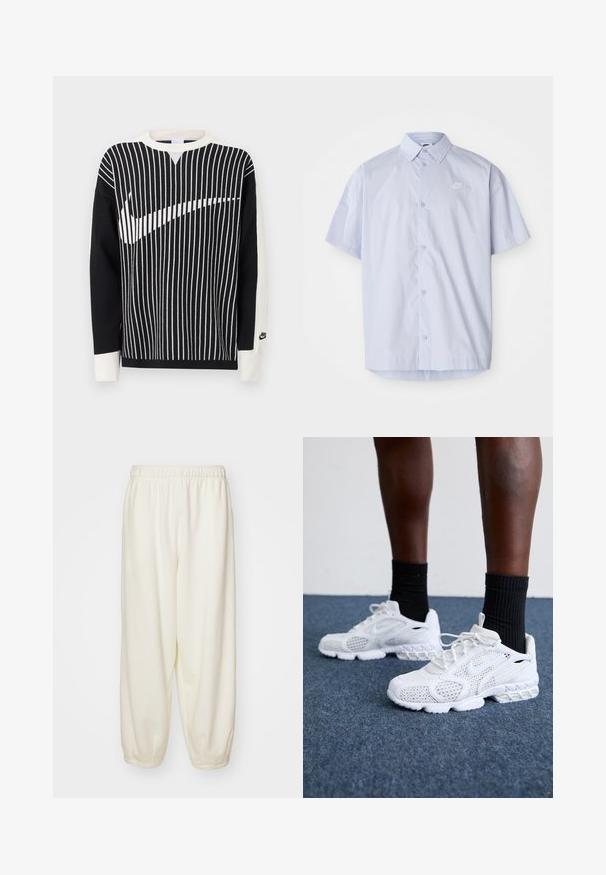 Suéter de manga larga en blanco y negro con rayas verticales que forman un gran logo de Nike en forma de swoosh en el frente y un pequeño logo de Nike en el puño de la manga izquierda.; Camisa de manga corta azul claro hecha de una tela suave, con un diseño de botones y un pequeño logo blanco de Nike en el pecho.; Pantalones de chándal color crema hechos de una tela suave, con una cintura elástica y puños ajustados, de ajuste relajado y sin patrones visibles.; Zapatillas deportivas blancas con parte superior de malla, acentos texturizados y suela acolchada. Combinadas con calcetines cortos de canalé negros sobre una superficie de moqueta azul.