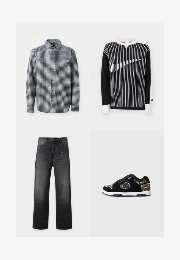 Zwart-witte trui met lange mouwen en verticale strepen die een grote Nike-swoosh vormen over de voorkant, en een klein Nike-logo op de linkermouwboord.; Zwart-wit geblokte blouse met lange mouwen, kraag, en een klein logo-patch op de linker borstzak.; Zwarte rechte spijkerbroek met knoop- en ritssluiting, voorzakken en details met witte verfspetters.; Zwarte suède sneaker met een camouflagemotief aan de zijkant, witte tussenzool en zwarte rubberen zool. Bevat veters en logo-details aan de zijkant.