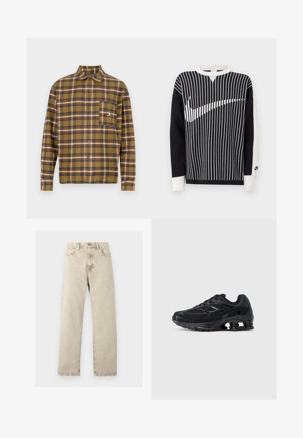 Pull à manches longues noir et blanc avec des rayures verticales formant un grand logo Nike swoosh sur le devant et un petit logo Nike sur le poignet de la manche gauche.; Chemise à carreaux marron en tissu doux, avec ouverture à boutons, col plié et poche poitrine gauche ornée d'un logo blanc.; Jeans en denim beige taille haute à coupe droite avec cinq poches et coutures visibles sur un fond clair.; Chaussure de sport noire avec une tige en mesh, un col rembourré et une technologie d'amorti proéminente au talon. Caractérisée par des accents texturés et des lacets.