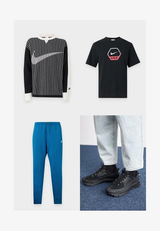 Suéter de manga larga en blanco y negro con rayas verticales que forman un gran logo de Nike en forma de swoosh en el frente y un pequeño logo de Nike en el puño de la manga izquierda.; Camiseta negra de manga corta con logo en forma de hexágono que presenta un swoosh blanco de Nike y un panel rojo con el texto "NIKE" en el pecho.; Pantalones deportivos azul con cintura elástica y cordón ajustable. Presenta un logo blanco en el muslo y puños ajustados en los tobillos.; Zapatillas deportivas negras con tejido texturizado y suelas de goma, con cordones elásticos y un acento azul en el talón. Combinadas con pantalones de mezclilla claros.