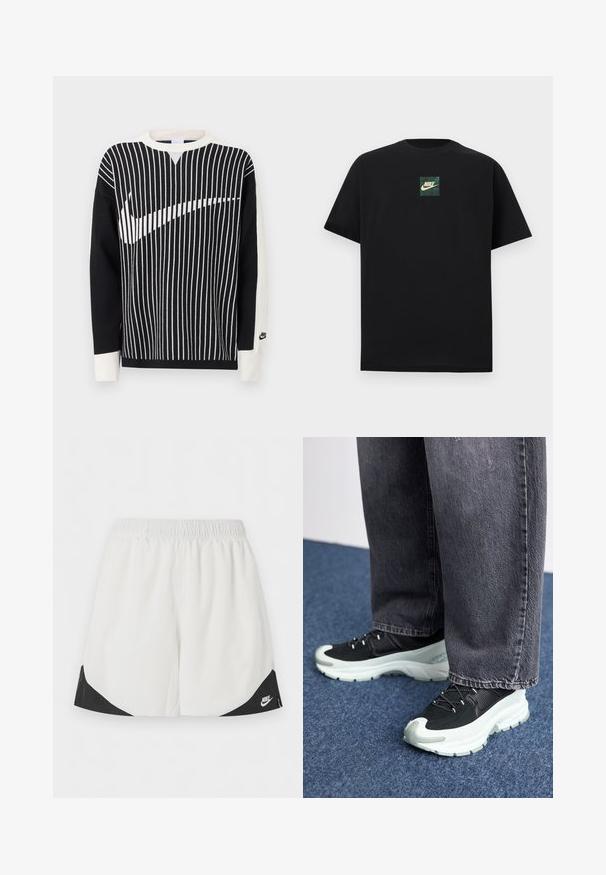 Sort-hvid langærmet sweater med lodrette striber, der danner en stor Nike swoosh tværs over forsiden og et lille Nike-logo på venstre ærmekant.; Sort kortærmet t-shirt med lille grøn og beige Nike-logo i firkant, centreret på brystet mod en hvid baggrund.; Hvide atletikshorts med elastisk taljebånd og sorte trekantede paneler nær benåbningerne, med en hvid Nike-logo på højre side.; Sorte atletiske sko med et tekstureret stykke stof på overdelen, hvid mellemsål, sorte snørebånd og gummisål, parret med grå vide bukser.