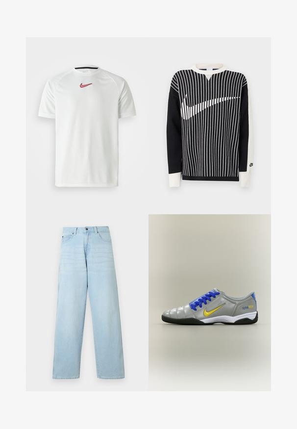 Schwarz-weißes Langarmpullover mit vertikalen Streifen, die sich auf der Vorderseite zu einem großen Nike-Swoosh formen, und kleinem Nike-Logo am Bündchen des linken Ärmels.; Weißes Kurzarm-T-Shirt von Nike mit einem pinken Swoosh-Logo auf der Brust. Verfügt über einen runden Ausschnitt und einen glatten, leichten Stoff.; Hellblaue Jeans aus Denim mit hoher Taille, weitem Bein, dezentem Ausbleichen, fünf Taschen und Knopfverschluss, mit geradem Schnitt und Saum.; Grauer Nike Total 90 Hallenfußballschuh mit gelbem Swoosh, blauen Schnürsenkeln und schwarzer Sohle auf neutralem Hintergrund.