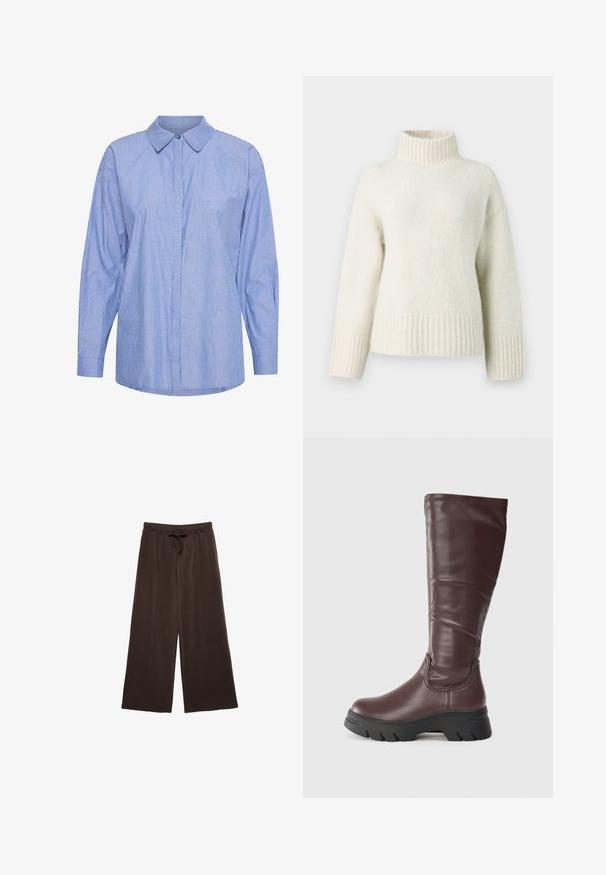 Cremefarvet strikket sweater med høj krave, dropped shoulders og ribbede manchetter og kant. Blødt, struktureret stof tilfører varme.; Langærmet skjorte lavet af bomuld, med et blåt og hvidt stribet mønster, klassisk krave, knaplukning foran og afslappet pasform.; Brune brede bukser med snøre i taljen. Fremstillet af blødt stof, med lodrette sømme ned ad fronten for ekstra detalje.; Brune læderknæhøje støvler med en glat finish, tykk sort gummisål og minimal sømdetalje langs topkanten.