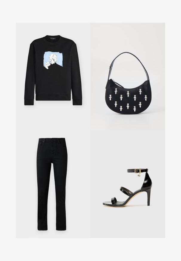 Sort langærmet sweatshirt med grafik af en person med hestehale, der holder en hvid kat på en lyseblå baggrund.; Sorte denimjeans med lige ben, der har en knappestolpe, fem lommer og diskrete syninger. Glat tekstur, klassisk design.; Sorte patenterede lædersandaler med tre stropper, ankelspænde og 10 cm stiletthæl. Har detaljer i guld og et logo charms.; Sort satin håndtaske med en buet form, prydet med sølvdekorationer arrangeret i et vertikalt mønster. En tynd, slank hank og lynlås lukning.