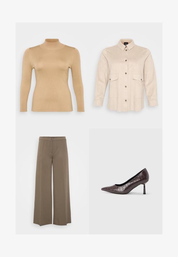 Beige rullekravebluse med lange ærmer, ribbet tekstur, tætsiddende design og høj krage. Glat materiale uden synlige udsmykninger.; Beige, langærmet skjorte lavet af ruskindslignende materiale, med krave, to forlommer og knaplukning med mørke knapper.; Breddebenede bukser i en ensfarvet brun stof, med knaplukning, glat for og blød tekstur, designet til en afslappet pasform.; Brune kunstlæder stiletter med spidse tæer og krokodilletekstur, der har en slank, vinklet hæl og en glat inderside.