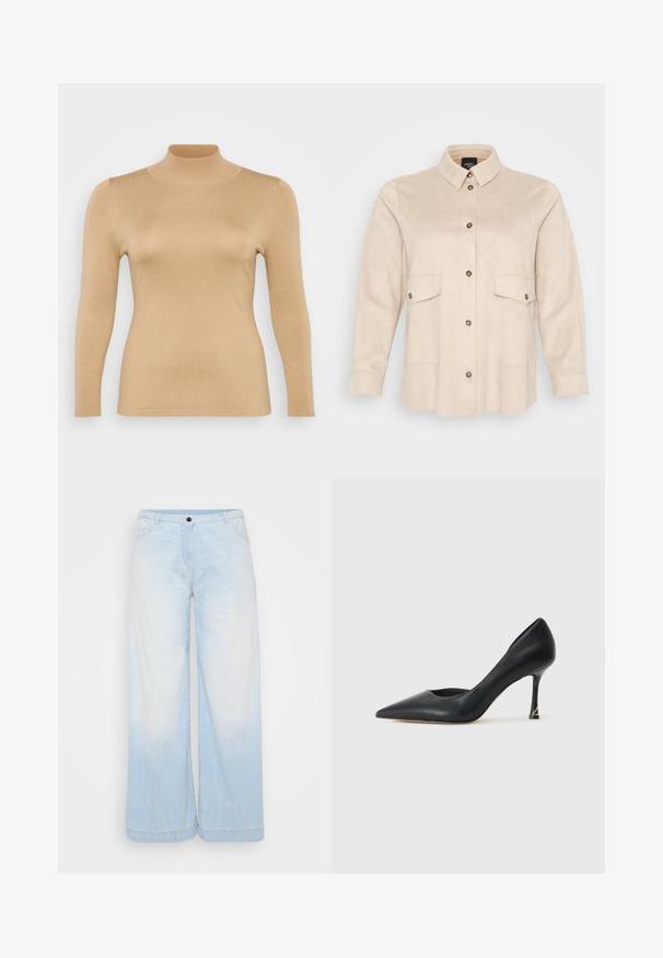 Beige coltrui met lange mouwen, geribbelde textuur, aansluitend ontwerp en een hoge kraag. Glad materiaal zonder zichtbare versieringen.; Beige, overhemd met lange mouwen gemaakt van suèdeachtig materiaal, met een kraag, twee voorzakken en een sluiting met donkere knopen.; Lichtblauwe denim wide-leg jeans met een gradient was, voorzien van een knoopsluiting, voorzakken en contrasterend stiksel langs de zoom.; Zwarte leren pumps met een spitse neus en een strak ontwerp, voorzien van een slanke hak en een gouden accent op de basis van de hak. Gladde textuur.