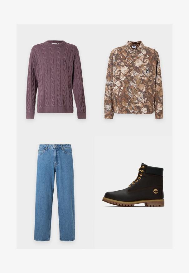 Pull en maille torsadée mauve, avec un col rond et des poignets côtelés, agrémenté d'un petit logo sur la poitrine pour plus de détails.; Chemise à boutons à motif camouflage dans les tons marron et beige, avec une poche poitrine et une étiquette de logo brodée sur le côté gauche.; Jean en denim bleu clair avec une coupe droite, taille haute et design à cinq poches. Présente une fermeture à bouton et à glissière, avec des coutures visibles.; Bottine noire en cuir avec œillets dorés, accents marron et semelle en caoutchouc. Comprend un col rembourré et un logo estampé sur le côté.