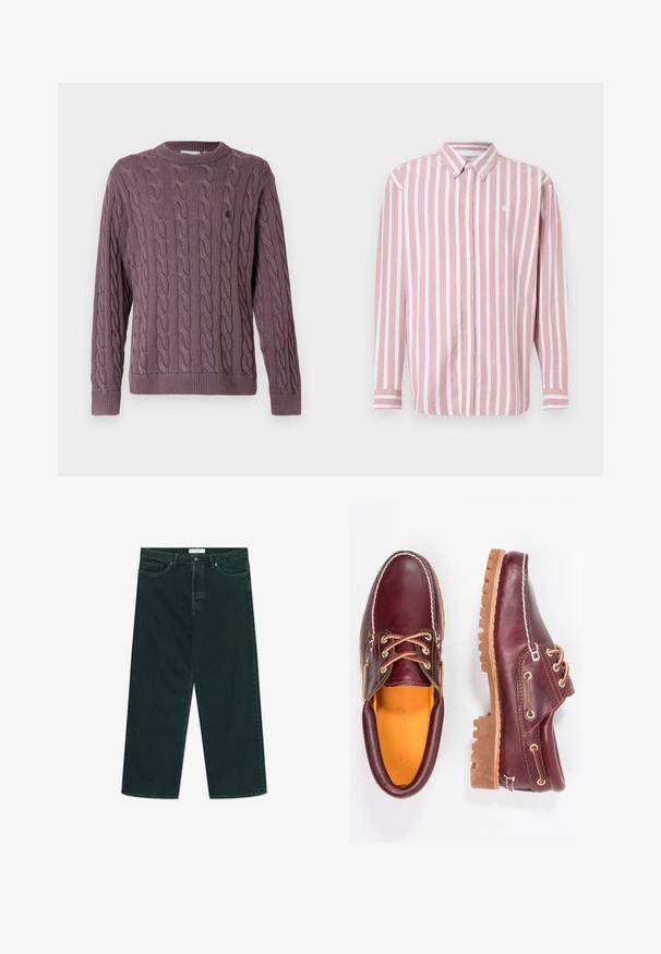 Pull en maille torsadée mauve, avec un col rond et des poignets côtelés, agrémenté d'un petit logo sur la poitrine pour plus de détails.; Chemise à boutons rayée rose et blanche. Comprend un col, des manches longues et un petit logo. Fabriquée en tissu tissé.; Jeans en denim vert foncé à jambes larges avec fermeture à bouton et à zip, poches avant et passants de ceinture, posés à plat sur un fond blanc.; Chaussures en cuir bourgogne avec semelles en caoutchouc marron, bout rond, couture blanche et œillets dorés. L'intérieur présente une doublure jaune.