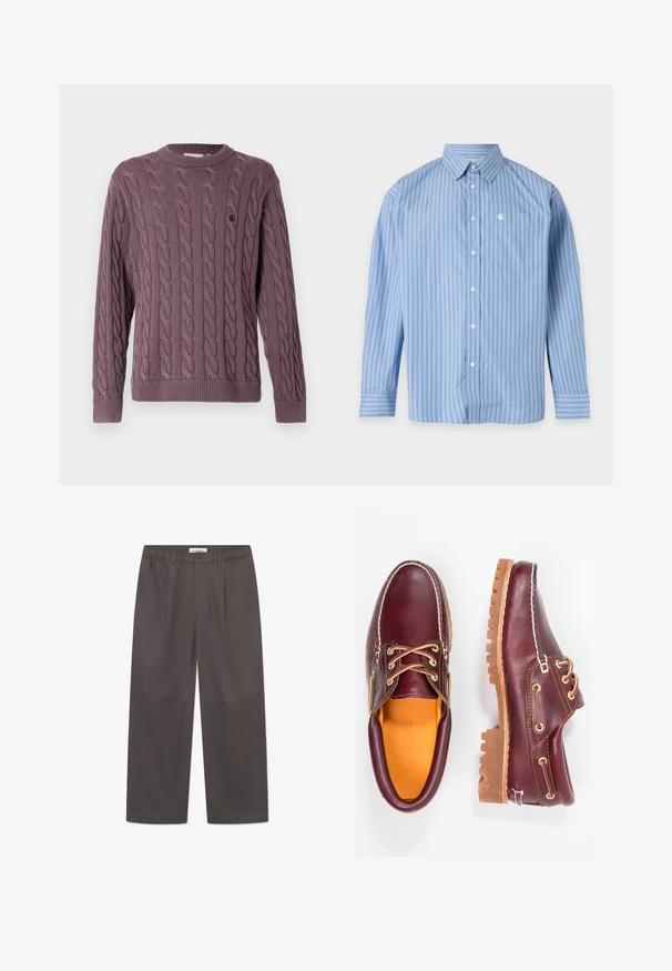 Strickpullover mit Zopfmuster in Mauve, mit geripptem Rundhalsausschnitt und Bündchen sowie einem kleinen Logo auf der Brust als dezentes Detail.; Hellblaues, langärmliges Hemd mit Knopfleiste, vertikal dünne weiße und dunklere blaue Streifen und einer Brusttasche mit kleinem Logo.; Graue, weite Hosen aus glattem Stoff, mit einem Knopfverschluss und zwei seitlichen Taschen. Einfaches, klares Design ohne sichtbare Muster.; Bordeauxfarbene Lederschuhe mit braunen Gummisohlen, runder Zehenform, weißen Nähten und goldenen Ösen. Das Innenfutter weist eine gelbe Beschichtung auf.