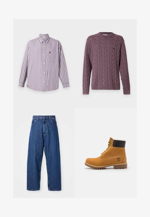 Pull en maille torsadée mauve, avec un col rond et des poignets côtelés, agrémenté d'un petit logo sur la poitrine pour plus de détails.; Chemise à rayures à manches longues en lavande clair et blanc, avec un col boutonné, une poche avant et un ourlet arrondi. Tissu en coton.; Jean large en denim bleu foncé. Présente une taille haute, des passants de ceinture et un design classique à cinq poches. Ourlet piqué avec une finition soignée.; Bottine en cuir brun avec œillets en métal, doublure en fourrure blanche, col rembourré noir, semelle robuste et logo en relief sur le côté.