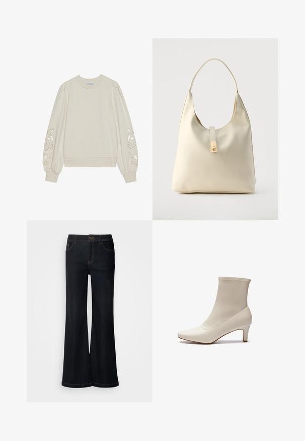 Lys beige sweatshirt med puffede ærmer og blomsterudskæringer på manchetterne. Blødt stof og ribbet kant for et tætsiddende look.; Mos Mosh MMDARA DELUXE JEANS - Jeans Relaxed Fit - dark blue; Hvide ankelstøvler lavet af glat læder med spids tå og en kort, tapered hæl. Har et minimalistisk design og en sømløs overdel.; Hobo-taske i cremefarvet læder med en enkelt skulderrem, glat tekstur og et guldfarvet spænde foran.