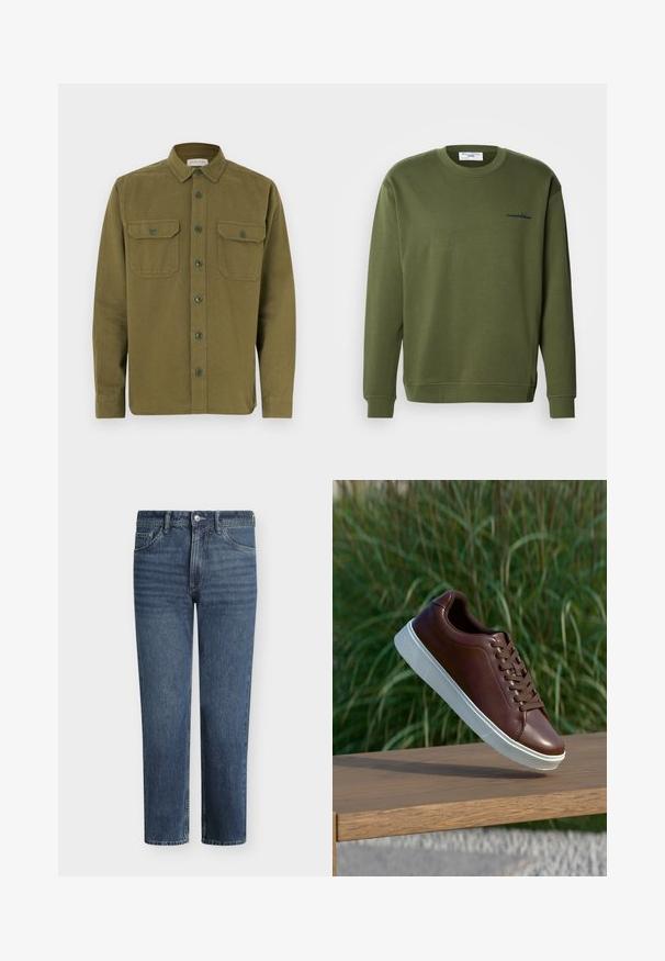 Sweat-shirt vert olive à manches longues en coton doux, doté d'un col rond et de poignets côtelés, avec un subtil détail brodé en bleu marine.; Chemise en coton vert olive avec une fermeture à boutons sur le devant, deux poches avant et des manches longues. Elle présente un col pointu et un ourlet arrondi.; Jean en denim bleu à jambe droite avec bouton frontal, fermeture éclair, passants de ceinture et conception à cinq poches.; Baskets en cuir marron avec semelle en caoutchouc blanche, design à lacets, texture lisse, bout arrondi et détails de couture subtils.