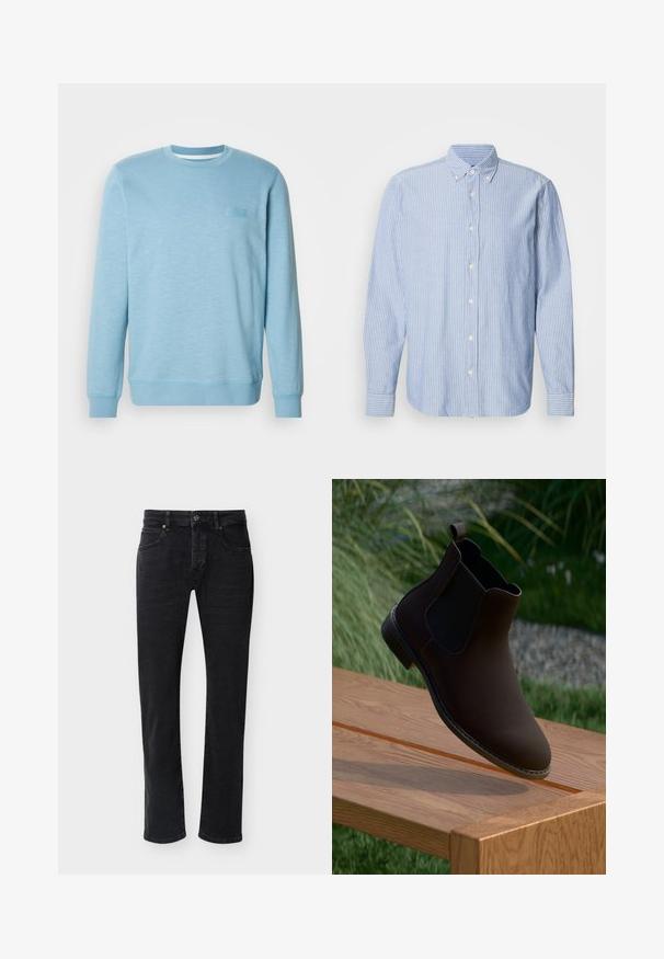Sweatshirt bleu clair en mélange de coton, avec un col rond, des manches longues, des poignets côtelés et un motif texturé subtil.; Chemise à boutons en bleu clair avec des rayures blanches, dotée d'un col classique et de manches longues. Fabriquée en tissu tissé avec une texture lisse.; Jean noir à coupe droite avec poches avant, passants pour ceinture, fermeture par bouton et coutures visibles sur un fond blanc uni.; Botte cheville en cuir marron avec des panneaux élastiques sur les côtés, bout rond, petit talon et une languette pour un enfilage facile, reposant sur une surface en bois.