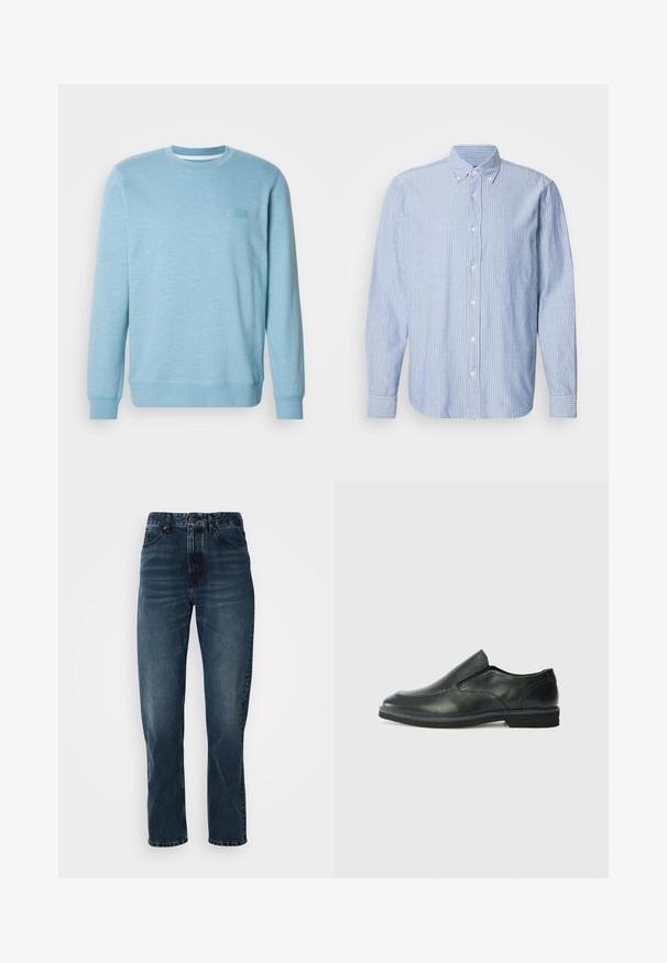 Lys blå sweatshirt lavet af blanding af bomuld, med rund hals, lange ærmer, ribbede manchetter og et subtilt tekstureret mønster.; Lys blå skjorte med hvide striber, som har en klassisk krave og lange ærmer. Fremstillet af vævet stof med en glat tekstur.; Mørkeblå lige bukser med frontknap og lynlås, fem-lomme design og subtil fading på lår og knæ.; Sorte læder slip-on sko med en glat overdel, syede detaljer, rund tå og en lav gummihæl. Sålen har minimal profil.