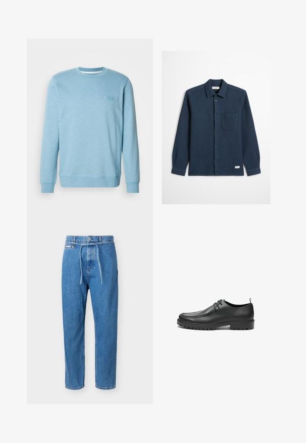 Lys blå sweatshirt lavet af blanding af bomuld, med rund hals, lange ærmer, ribbede manchetter og et subtilt tekstureret mønster.; Mørkeblå skjorte med knapper, tekstureret vaffelstof, lange ærmer, en enkelt brystlomme og mærke på nederste kant.; Blå denimjeans med lige ben, høj talje, forreste knap, lynlåslukning og et tyndt denimbælte bundet i taljen.; Sorte lædersko med en glat overflade, rund tå og dekorativ stikning. Har en gummisål med skridsikre spor og snørebåndsdesign.