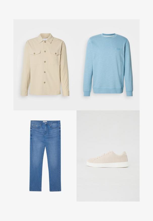 Lichtblauwe sweatshirt van een katoenmix, voorzien van een ronde hals, lange mouwen, geribbelde manchetten en een subtiel textuurpatroon.; Beige overhemd met knopen, gemaakt van een gladde stof, heeft twee borstzakken, een klassieke kraag en vijf knopen aan de voorkant. Lange mouwen met knoopmanchetten.; Lichtblauwe spijkerbroek met een rechte pijp, vijf zakken, subtiele vervaging en metalen accenten op de taille en zakken.; Beige suède sneakers met witte rubberen zolen, ronde neus en zes veterogen. Gladde textuur met minimalistisch ontwerp.