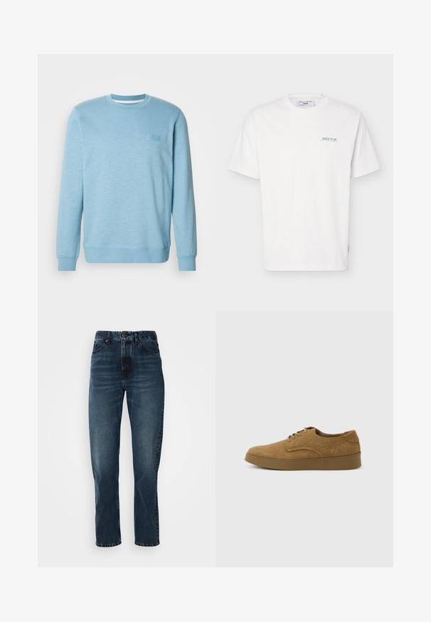Lichtblauwe sweatshirt van een katoenmix, voorzien van een ronde hals, lange mouwen, geribbelde manchetten en een subtiel textuurpatroon.; Wit T-shirt met korte mouwen en ronde hals, met kleine groene tekst "JUICE IT UP Marc O'Polo Denim" op het linkerborstgebied.; Donkerblauwe recht gesneden jeans met een sluiting met knoop en rits aan de voorkant, vijf-pocket ontwerp en subtiele vervaging op de dijen en knieën.; Bruine suède veterschoen voor vrijetijdskleding met een platte rubberen zool, zijaanzicht tegen een eenvoudige lichte achtergrond.