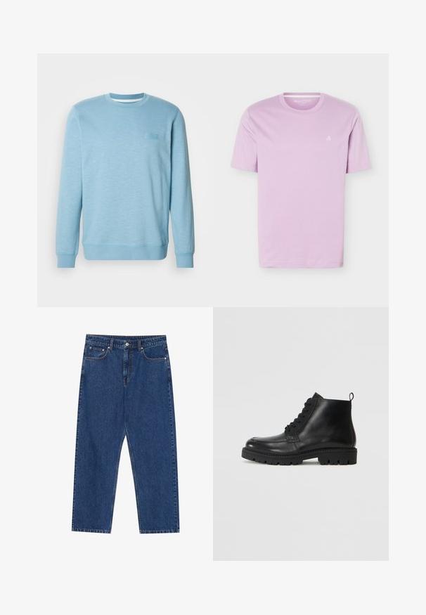 Sweatshirt bleu clair en mélange de coton, avec un col rond, des manches longues, des poignets côtelés et un motif texturé subtil.; T-shirt mauve clair à manches courtes avec col rond et petit logo blanc "M OP" sur le côté gauche de la poitrine, présenté sur un fond blanc.; Jeans en denim bleu foncé, avec une coupe droite, des poches avant et une braguette à bouton avec des coutures contrastées.; Bottines en cuir noir à bout rond, avec des lacets à l'avant et une semelle en caoutchouc texturée. Comprend une languette à l'arrière pour un enfilage facile.