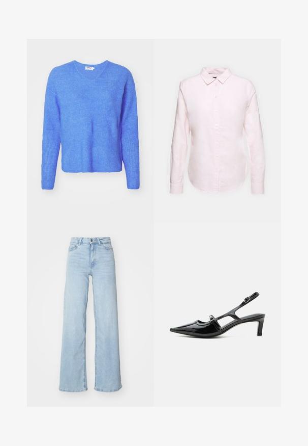 Blauer, gerippter Strickpullover mit V-Ausschnitt, langen Ärmeln und einer entspannten Passform. Hergestellt aus weichem, strukturiertem Material. Das Etikett trägt die Aufschrift "ONLY."; Hellrosa Langarmhemd mit Button-Down-Kragen, geradem Saum und weicher Textur, aus leichtem Baumwollstoff gefertigt.; Hellblaue weit geschnittene Jeans aus Denim. Verfügt über eine hohe Taille, einen vorderen Knopfverschluss und zwei Taschen. Glatte Textur mit subtilen Verwaschungen.; Schwarzer Slingback-Schuh aus Lackleder mit spitzer Kappe, niedrigem Absatz und zwei verstellbaren Schnallenriemen, seitlich dargestellt.