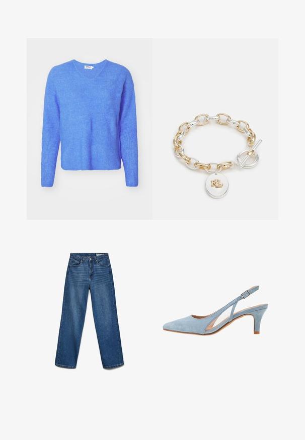 Blauwe ribgebreide trui met een V-hals, lange mouwen en een relaxed fit. Gemaakt van een zachte, gestructureerde stof. Etiket leest "ONLY."; Blauwe spijkerbroek met rechte pijpen, voorzien van knopen en rits aan de voorkant, vijf zakken en subtiele vervaagde details op de dijen.; Lichtblauwe nubuck slingback hak, puntige neus, verstelbaar enkelbandje met metalen gesp, natuurlijke beige binnenzool en lage hak.; Lauren Ralph Lauren LINK FLEX - Armband - two tone