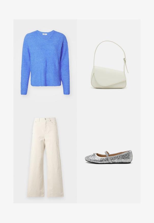 Suéter azul de punto con canalé, cuello en V, mangas largas y un corte holgado. Hecho de material suave y texturizado. La etiqueta dice "ONLY."; Pantalones de pernera ancha beige, hechos de algodón, con cierre de botón en la parte frontal, bolsillos laterales y una textura suave. Diseño minimalista sin patrones.; Bailarinas de purpurina plateada con punta redondeada, tira elástica y tacón mínimo. Superficie texturizada con un brillo metálico y ribete en contraste.; Bolso de mano de imitación cuero blanco con una forma triangular estructurada, correa ajustable única y cierre con solapa acentuada en curva.