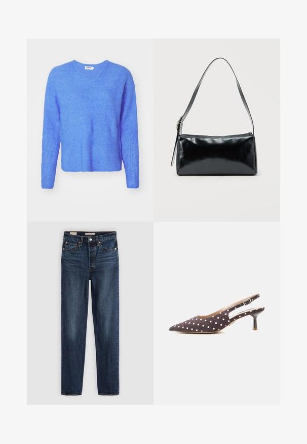 Blauwe ribgebreide trui met een V-hals, lange mouwen en een relaxed fit. Gemaakt van een zachte, gestructureerde stof. Etiket leest "ONLY."; Diepblauwe rechte jeans met vijf zakken, knoop- en ritssluiting, en contrasterende stiksels.; Donkerbruine slingback kittenheel met witte polkadots, puntige neus en verstelbare gespsluiting bij de enkel.; Zwarte rechthoekige schoudertas met een enkele verstelbare band en een bovenste ritssluiting op een effen achtergrond.