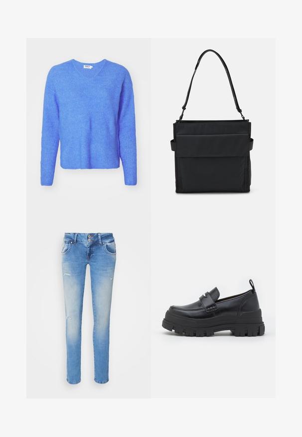 Suéter azul de punto con canalé, cuello en V, mangas largas y un corte holgado. Hecho de material suave y texturizado. La etiqueta dice "ONLY."; Jeans de mezclilla azul con un ajuste ajustado, que presentan un ligero desgaste, dos bolsillos delanteros y detalles ligeramente desgastados cerca de las rodillas.; Mocasín de cuero negro con suela gruesa y acanalada, costuras en la puntera estilo mocasín, detalle de correa en la parte superior y tira para tirar en el talón, mostrado de perfil lateral.; Bolso negro de hombro hecho de tela, con un bolsillo frontal plano, correa ajustable y diseño minimalista. Textura suave sin patrones.