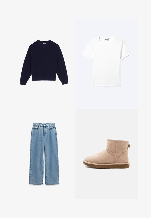 Navyblauwe gebreide trui met een ribbelstructuur, ronde hals, ingezette schouders en een cropped zoom. Zachte stof met lange mouwen.; Effen wit T-shirt met korte mouwen en ronde hals met een klein "WEEKDAY" label aan de binnenkant van de hals, plat neergelegd op een lichte achtergrond.; Lichtblauwe spijkerbroek met een wijde pijp, knopen en ritssluiting aan de voorkant, en een vijfzakkenmodel.; Beige suède enkellaars met een ronde neus, gestikte accenten en een gestructureerde bruine rubberen zool. Beschikt over een trekband aan de achterkant.