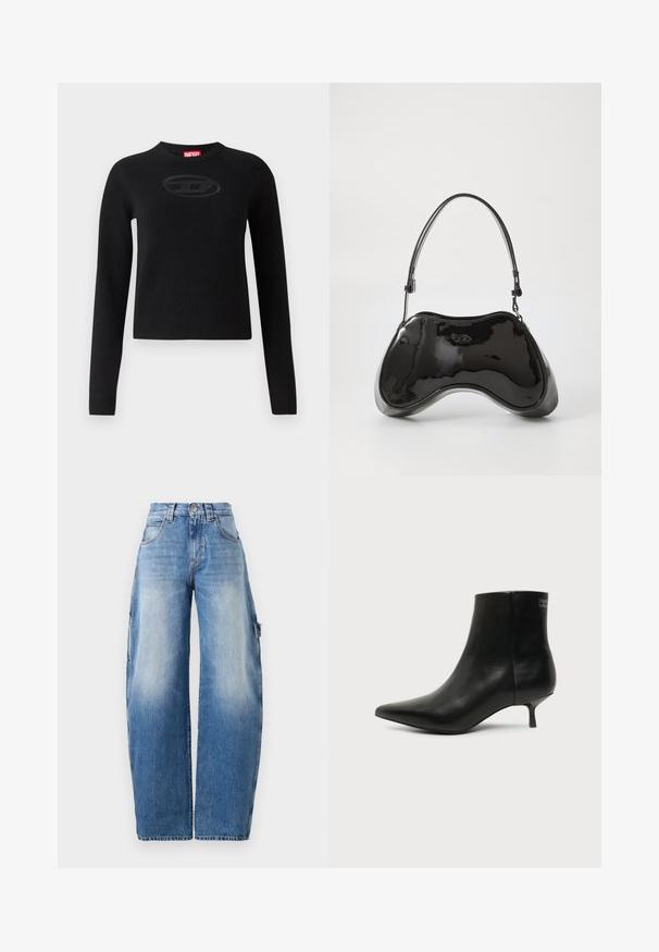 Suéter negro de tejido de punto, con cuello redondo, mangas largas y un logotipo ovalado texturizado en el centro.; Jeans de pierna ancha en azul claro, hechos de denim. Presentan una cintura alta, un ligero desgaste, grandes bolsillos laterales y detalles de costura en contraste.; Botín de piel negra con puntera puntiaguda y tacón bajo estilo kitten sobre fondo claro, mostrando vista lateral exterior.; Bolso de mano de piel sintética negra con un diseño curvado único, asas cortas y ajustables, y abertura con cremallera en la parte superior. Textura suave con una sutil marca.