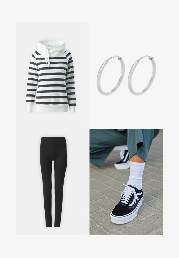 Stribet pullover sweatshirt i hvid og sort. Har en funnel neck med snore, ribbede manchetter og en afslappet pasform. Blødt stof.; Sorte, strækbare leggings med en tætsiddende pasform, der har høj talje og en glat tekstur. Ingen synlige mønstre eller hardwaredetaljer.; Sorte ruskinds sneakers med hvide accenter og snørebånd, der har en tyk hvid sål og kontrasterende syninger, parret med en hvid sok.; Sølv hoops øreringe, cirkulær form, glat skinnende tekstur og ensartet bredde hele vejen igennem. Minimalistisk design uden yderligere accenter.