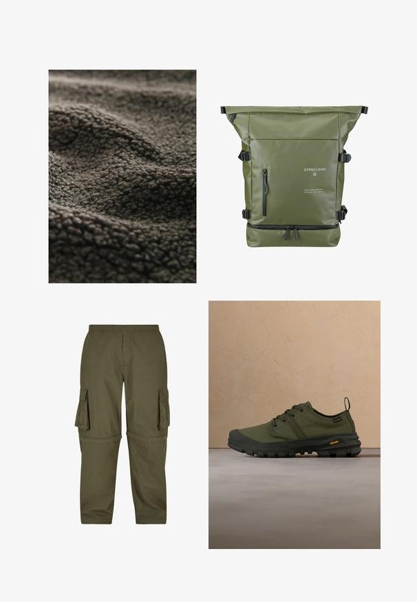 Tejido de color gris oscuro con una superficie suave y aterciopelada, que presenta un patrón ondulado y una apariencia esponjosa, adecuado para proporcionar calidez y comodidad.; Pantalones cargo verde oliva hechos de tejido ligero, con varios bolsillos laterales, una cintura elástica y un diseño de corte recto.; Zapato de exterior verde oliva con parte superior textil, suela de goma y dibujo antideslizante texturizado. Cuenta con cinco ojales, una lengüeta para tirar y una puntera reforzada.; Mochila verde de tipo roll-top con una superficie texturizada, correas ajustables, un bolsillo frontal con cremallera y detalles del logo en acentos blancos y negros.