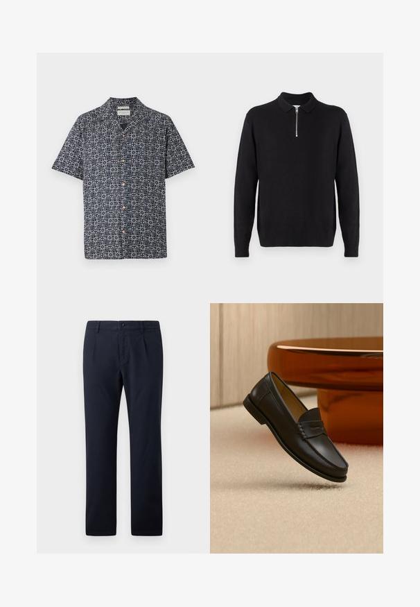Sort sweater med lynlås krave, lange ærmer, ribstrikkede manchetter og kant, lavet af et blødt, glat stof.; Kortærmet skjorte i marineblå med et hvidt abstrakt mønster, featuring knaplukning foran og krave. Blødt stof med en afslappet pasform.; Mørkeblå bukser lavet af en blanding af bomuldsstof, med et flad-frem design, to sidelommer og subtile folder.; Sort læder loafer-sko hængende over beige tæppe med ravfarvet moderne møblement i baggrunden.