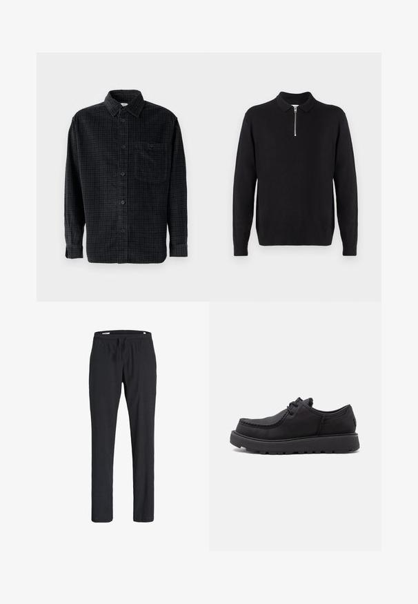Pull noir à col zippé, à manches longues, avec des poignets et un ourlet côtelés, fabriqué dans un tissu doux et lisse.; Chemise à manches longues à carreaux noirs en tissu doux, avec un devant à boutons, un col et une poche poitrine.; Pantalon décontracté noir avec taille élastique et cordon de serrage, coupe droite, en tissu doux, présenté sur fond blanc.; Chaussure en cuir noir à lacets avec semelle épaisse en caoutchouc et détail cousu sur l'avant, montrée de côté sur fond blanc.