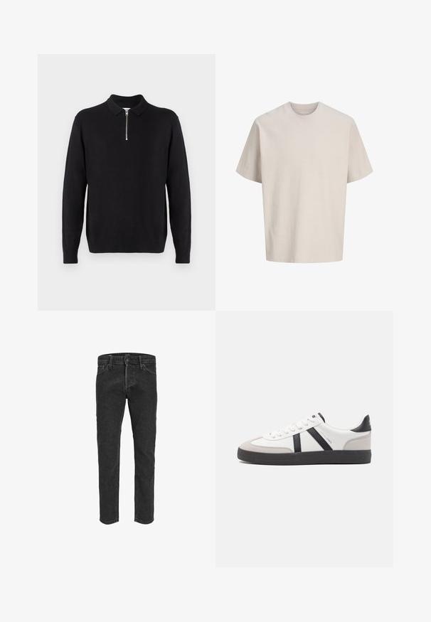 Sort sweater med lynlås krave, lange ærmer, ribstrikkede manchetter og kant, lavet af et blødt, glat stof.; Beige ribbet T-shirt med korte ærmer, rund hals, løs pasform og diskrete teksturerede lodrette linjer.; Sorte denimbukser med lige ben, fem lommer og bæltestropper, der har en let falmet tekstur og kontraststing. ; Hvide sneakers med sorte og grå detaljer, med en tekstureret grå tåhætte, sort gummisål og flade hvide snørebånd. Rent design, minimalistisk stil.