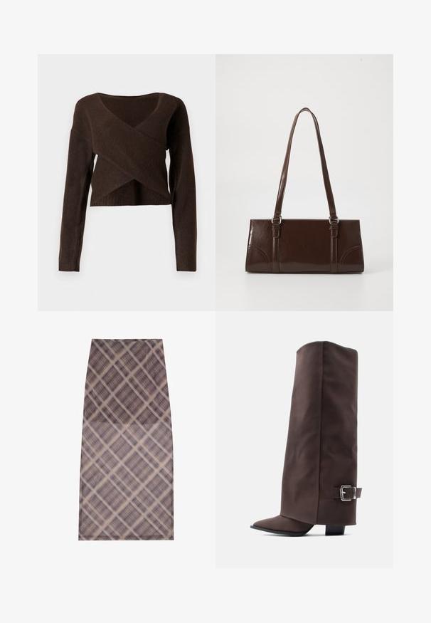 Pull court marron en matériau doux, avec un décolleté en V profond, des manches longues et un design en superposition à l'avant.; Une jupe longueur genou en tissu léger et transparent avec un motif à carreaux dans des tons de marron et de crème, texture lisse et bords nets.; Bottes marron montant jusqu'aux genoux, en matériau lisse, avec un bout pointu, un talon bas et un accent en boucle métallique sur le côté.; Sac à main en cuir verni marron de forme rectangulaire, avec deux longues poignées et des accents courbés subtils à l'avant.