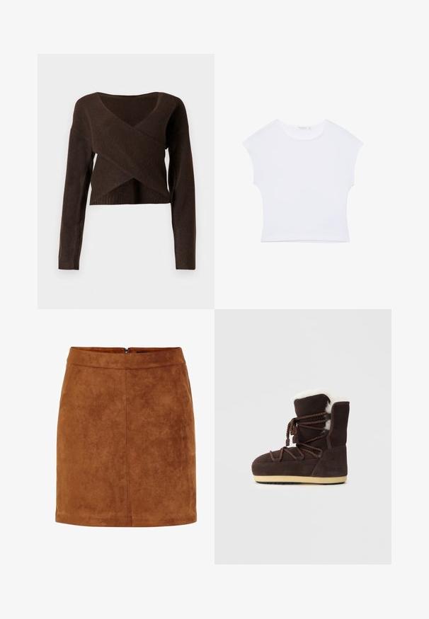 Brun cropped sweater lavet af blødt materiale, med en dyb V-halsudskæring, lange ærmer og et overlappende design foran.; Hvid kortærmet cropped T-shirt med rund halsudskæring, lavet af glat stof, lagt fladt på en hvid baggrund.; Brun ruskind mini skirt med en glat tekstur, lige snit og en diskret lynlås bagpå. Har søm detaljer for struktur.; Brune suedestøvler med en hvid kunstpels-top, snørebånd og en tan gummisål. På siden står teksten "MOON BOOT."