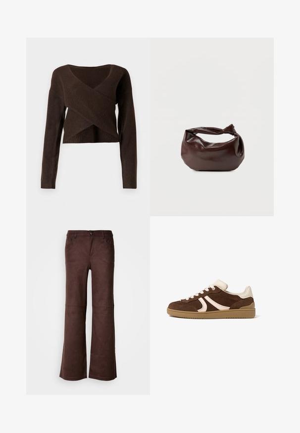 Pull court marron en matériau doux, avec un décolleté en V profond, des manches longues et un design en superposition à l'avant.; Pantalons évasés marron en tissu doux semblable à du daim. Comprend quatre poches, une fermeture à bouton et une surface lisse et texturée.; Baskets en daim brun avec accents crème, lacets blancs et semelle en caoutchouc gomme, vues de profil extérieur sur fond blanc.; Sac bandoulière en cuir marron foncé avec une forme souple et décontractée et une anse nouée torsadée sur un fond blanc uni.