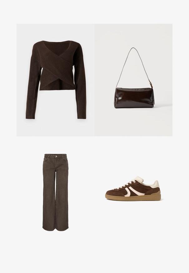 Brun cropped sweater lavet af blødt materiale, med en dyb V-halsudskæring, lange ærmer og et overlappende design foran.; Brune vidde-ben denim bukser med knapper foran og lommer, vist på en ensfarvet hvid baggrund.; Brun ruskindsneaker med cremefarvede detaljer, hvide snørebånd og en sål i gummi med karamelkulør, vist fra ydersiden på en hvid baggrund.; Mørkebrun rektangulær læder skuldertaske med en enkelt tynd rem og spænde i guldton på en ensfarvet baggrund.