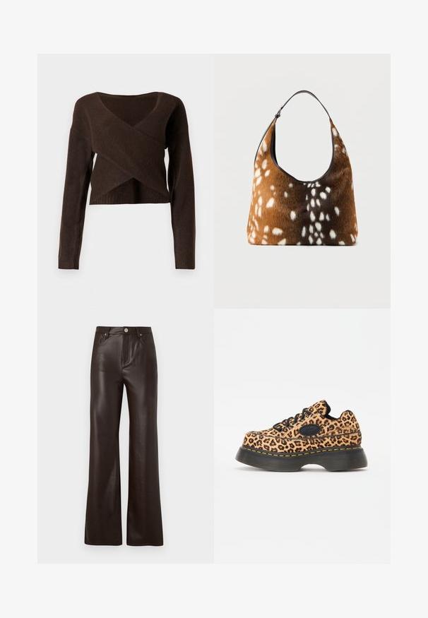 Bruine cropped trui van zacht materiaal, met een diepe V-hals, lange mouwen en een overlappend ontwerp aan de voorkant.; Vero Moda Wide-leg VMTESSA High rise - Broek - chocolate torte; Panterprint platform sneakers met zwarte veters, textuurmateriaal en gele stikdetails op een dikke zwarte rubberen zool.; Bruine en zwarte handtas met witte, gevlekte bonttextuur en een enkele zwarte schouderriem op een effen achtergrond.