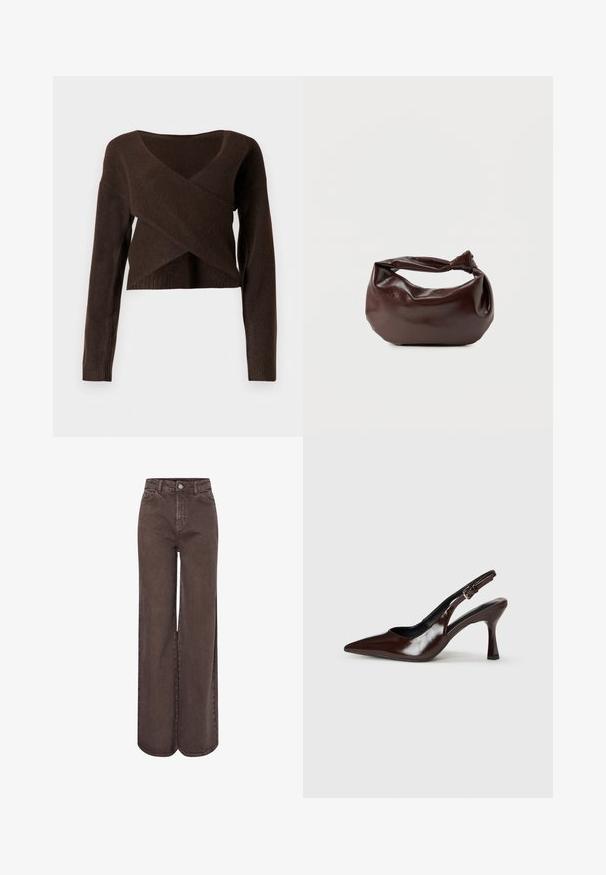 Brun cropped sweater lavet af blødt materiale, med en dyb V-halsudskæring, lange ærmer og et overlappende design foran.; Brune jeans med vide ben lavet af denim, med høj talje, forlommer og knaplukning. Glat tekstur med sømdetaljer.; Brune patenterede læderslingback-sandaletter med spids tå, en tynd hæl og justerbar rem med en lille spænde.; Mørkebrun læder skuldertaske med en blød, afslappet form og et snoet knudehåndtag på en ensartet hvid baggrund.