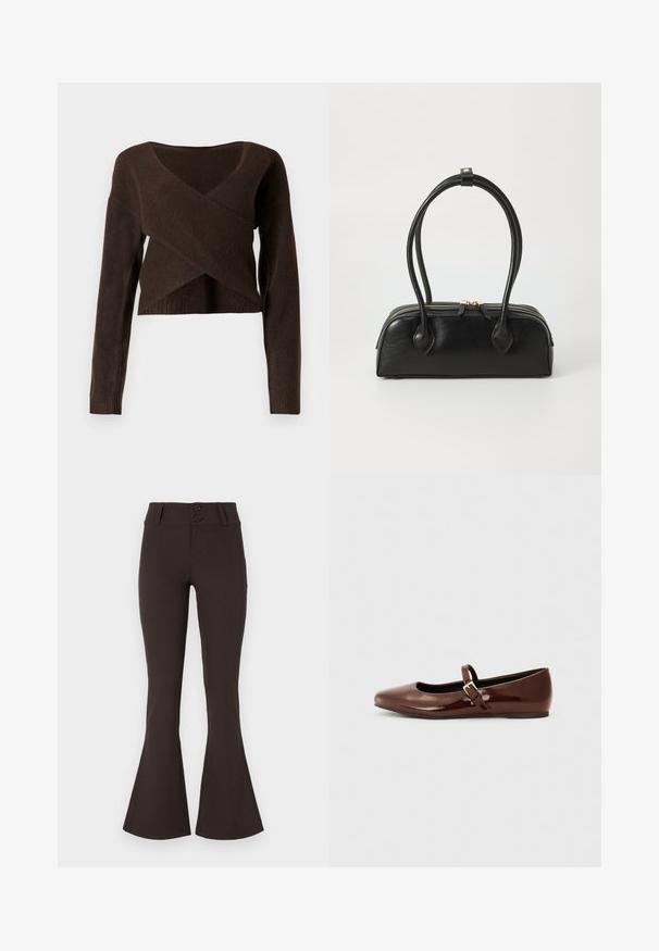 Brun cropped sweater lavet af blødt materiale, med en dyb V-halsudskæring, lange ærmer og et overlappende design foran.; Brune flared bukser lavet af strækbart stof. Har høj talje med to knapper og en glat overflade. Ingen mønstre eller udsmykninger.; Brun patentlæder balletflade med firkantet tå og strop med en lille guldbuckle. Glat tekstur, lav hæl og minimalistisk design.; Sort læder håndtaske med to langstrakte håndtag, lynlåslukning og afrundet form; glat tekstur med en subtil blank finish.