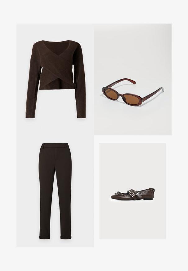 Brun cropped sweater lavet af blødt materiale, med en dyb V-halsudskæring, lange ærmer og et overlappende design foran.; Sorte slim-fit bukser med bæltestropper og manchetter mod en ensfarvet hvid baggrund.; Brun læder flad sko med dobbelte sølvspænder, dekorative snørebånd langs kanterne og en lille sløjfe på den spidse tå.; Runde, bruntonede solbriller med en glansfuld bordeauxramme. Slanke arme med diskret brandingdetalje. Flad linsedesign.